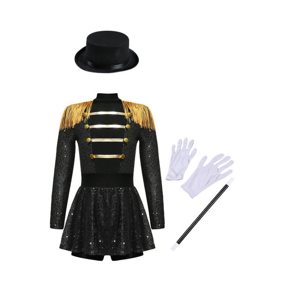 iiniim Kids Girls Circus Ringmaster Jumpsuit Shiny Sequins Performance Leotard Dress Magician Outfits Black 6