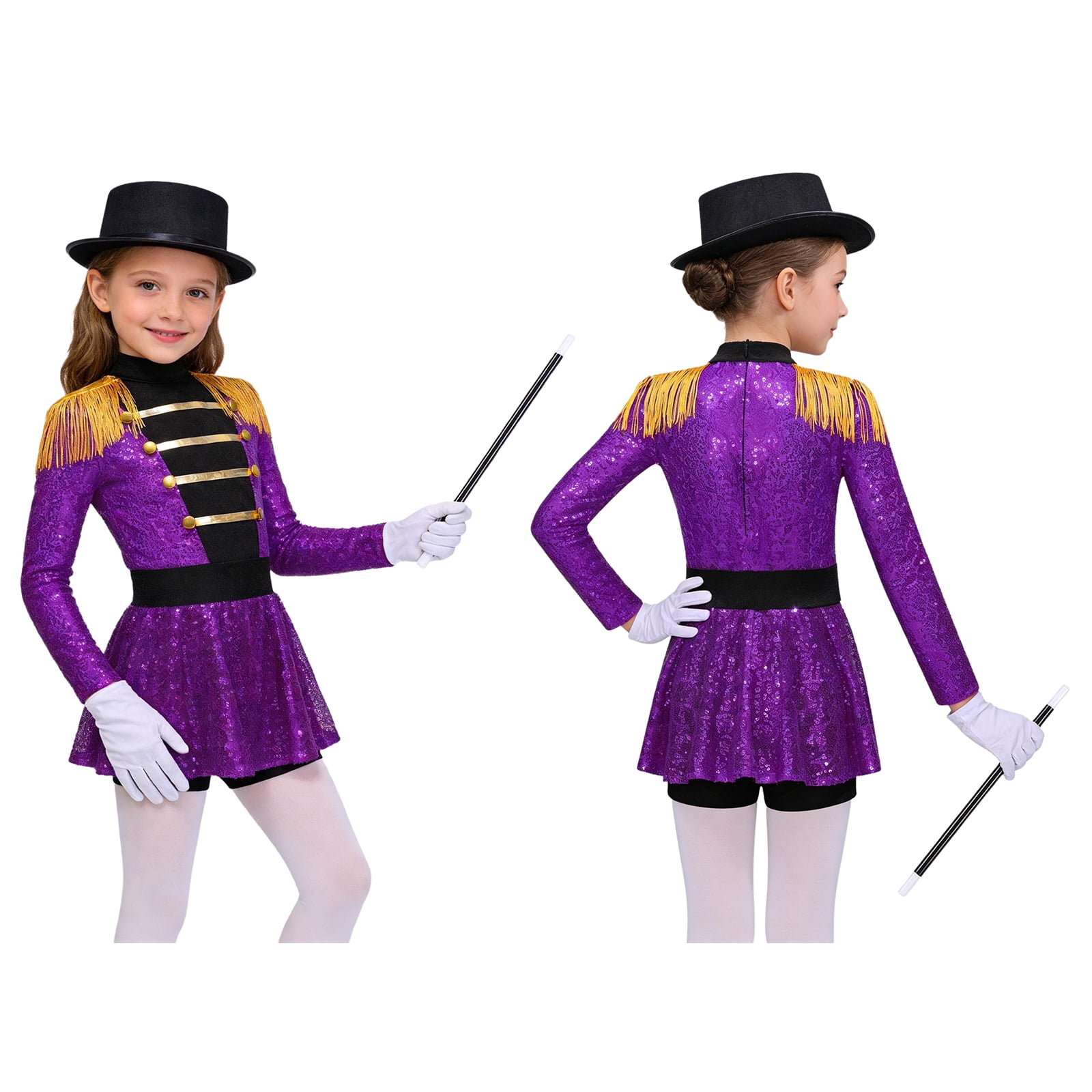 iiniim Girls Circus Ringmaster Jumpsuit Shiny Sequins Performance Leotard Dress Magician Outfits Purple 14