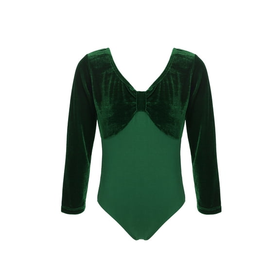 iiniim Kids Girls Classic Long Sleeves Leotard for Gymnastics Ballet Dance Velvet Splice Bodysuit Green 110
