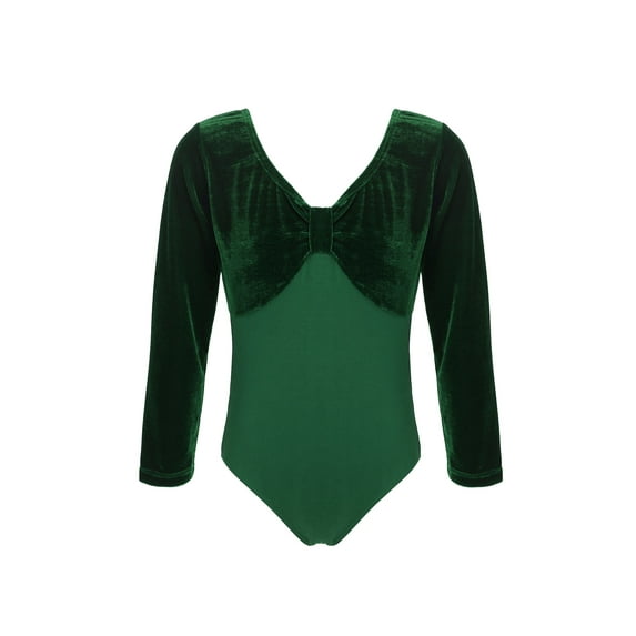 iiniim Kids Girls Classic Long Sleeves Leotard for Gymnastics Ballet Dance Velvet Splice Bodysuit Green 110