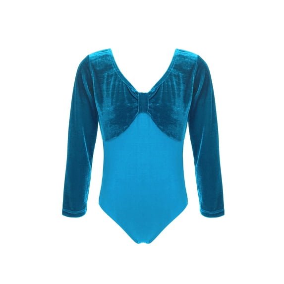 iiniim Kids Girls Classic Long Sleeves Leotard for Gymnastics Ballet Dance Velvet Splice Bodysuit Lake Blue 110