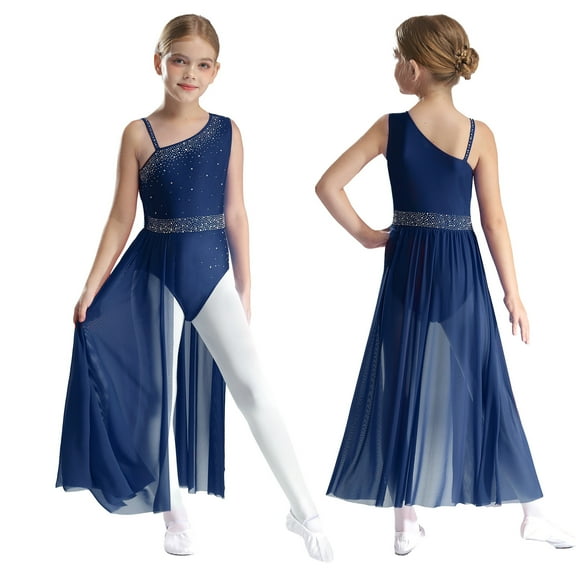 iiniim Kids Girls' Contemporary Lyrical Dress Sleeveless Latin Dance Modern High-Low Tutu Skirt Navy Blue 16