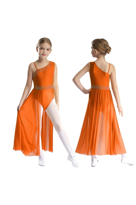 Kids Girls' Contemporary Lyrical Dress Sleeveless Latin Dance Modern High-Low Tutu Skirt Orange 10