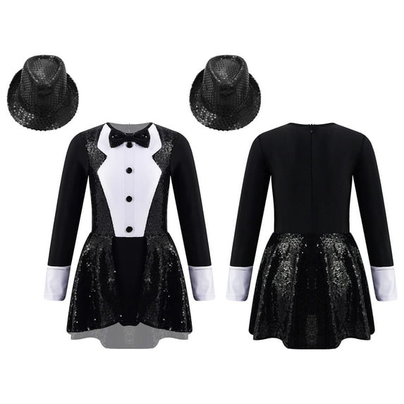 iiniim Kids Girls Cosplay Party Dress Up Sequins Long Sleeves Bow Tie Jazz Modern Dance with Hat A Black 6