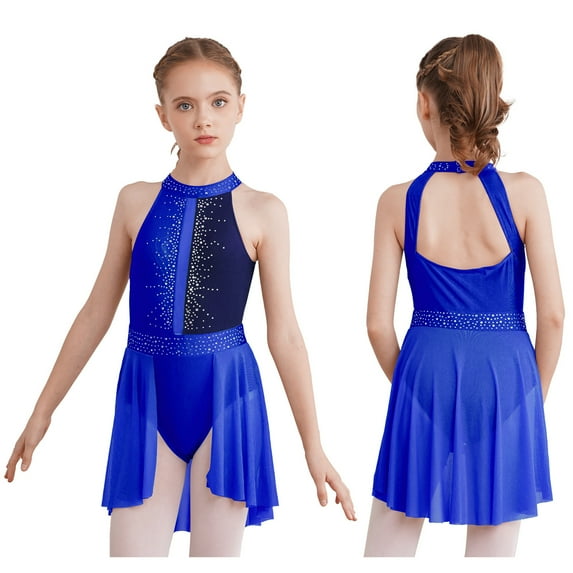 iiniim Kids Girls Cutout Back Shiny Rhinestone Leotard Asymmetrical Chiffon Dress Ballet Modern Lyrical Dancewear Size 6-16 A Blue 16