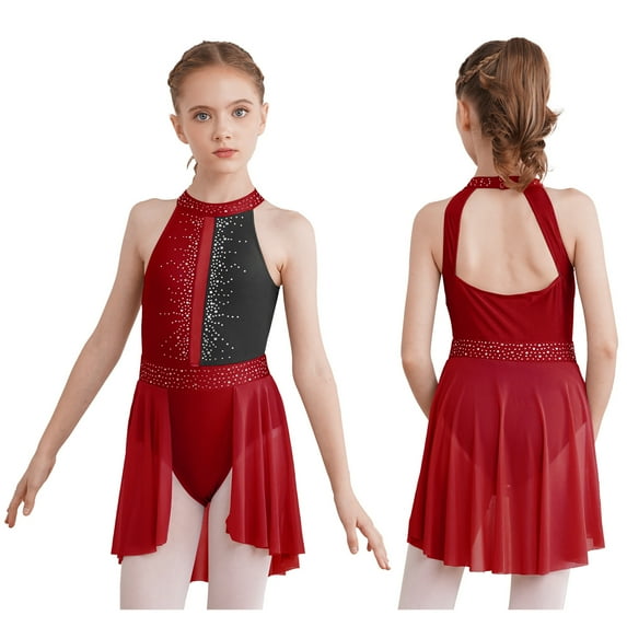 iiniim Kids Girls Cutout Back Shiny Rhinestone Leotard Asymmetrical Chiffon Dress Ballet Modern Lyrical Dancewear Size 6-16 Burgundy 6