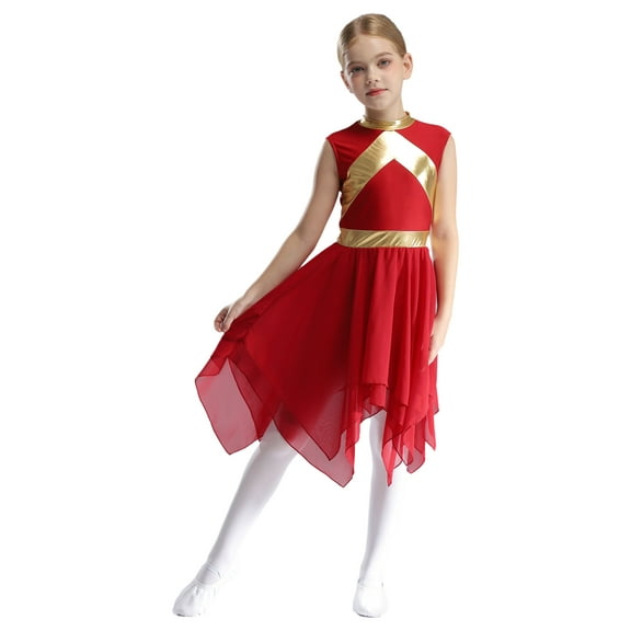 iiniim Kids Girls Dance Contrast Color Sleeveless High Low Dress Dancewear Burgundy 12