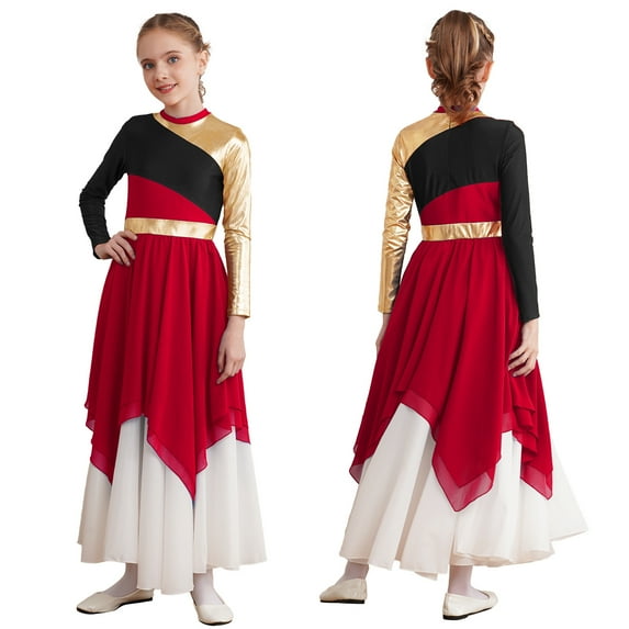 iiniim Kids Girls Dance Long Sleeve Metallic Color Block Ballet Dress Size 6-16 Burgundy 6