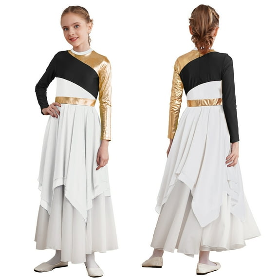 iiniim Kids Girls Dance Long Sleeve Metallic Color Block Ballet Dress Size 6-16 White 16