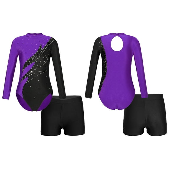 iiniim Kids Girls Dance Outfits 2 Piece Long Sleeve Ballet Gymnastics Leotards with Shorts Set Athletic Sport Tracksuit Purple&Black 6