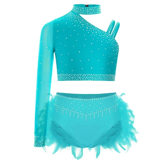 iiniim Kids Girls Dance Outfits 2-Piece Rhinestones Crop Top and Ruffles Feather Skirt Set Dancewear Costume Blue Green 8