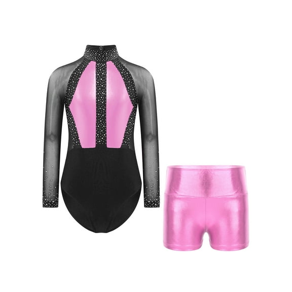 iiniim Kids Girls Dance Outfits Long Sleeve Shiny Rhinestones Gymnastic Leotards with Metallic Shorts Set Activewear Pink 10