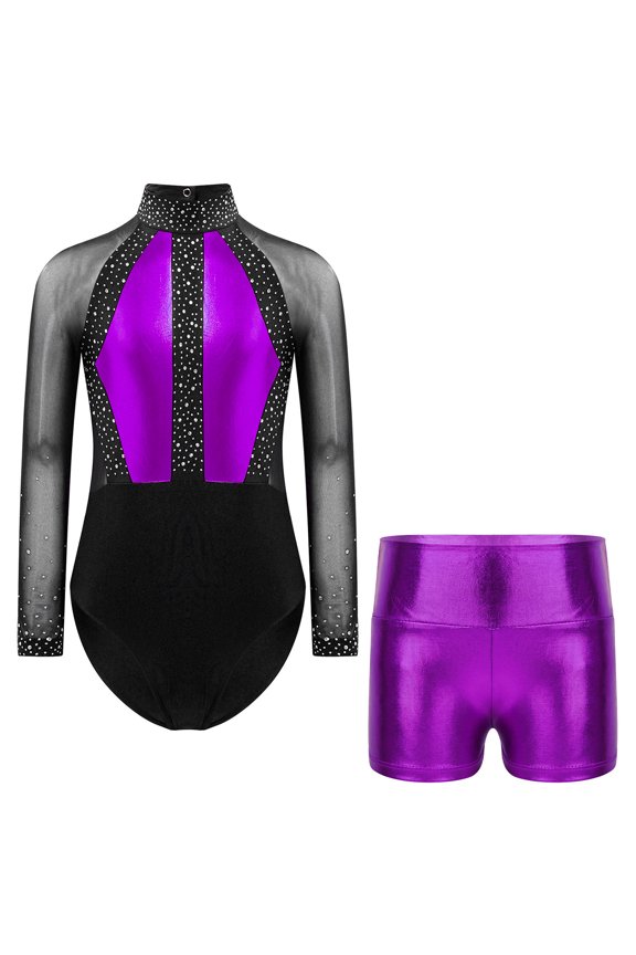 Kids Girls Dance Outfits Long Sleeve Shiny Rhinestones Gymnastic Leotards with Metallic Shorts Set Activewear Purple 6