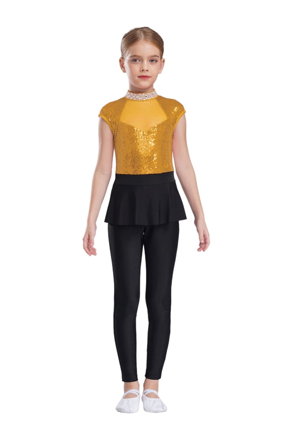 Kids Girls Dance Unitards Sleeveless Cutout Mock Neck Rhinestones Sequins Jumpsuit Acrobatics Costume Gold 14