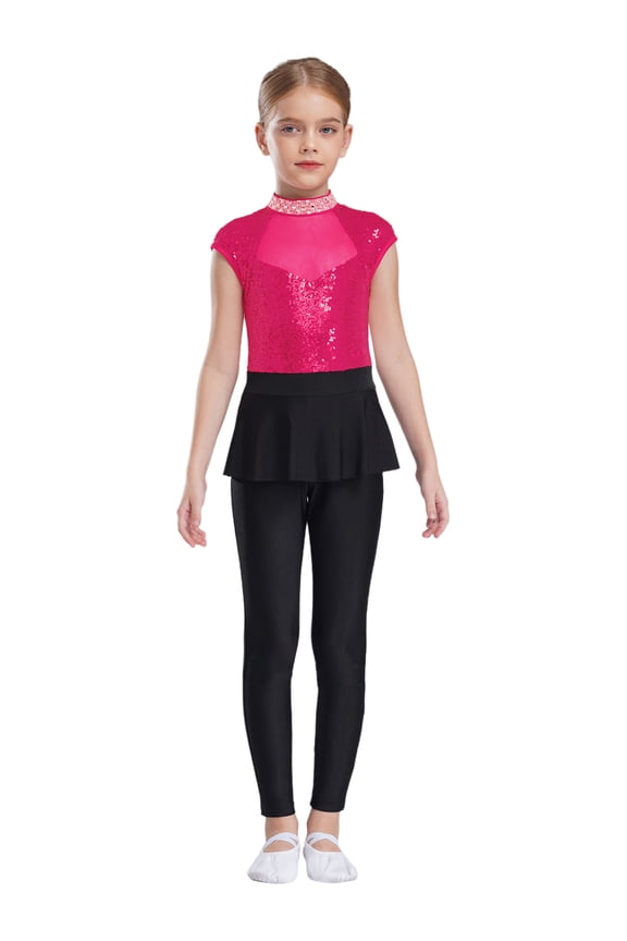 Kids Girls Dance Unitards Sleeveless Cutout Mock Neck Rhinestones Sequins Jumpsuit Acrobatics Costume Hot Pink 12