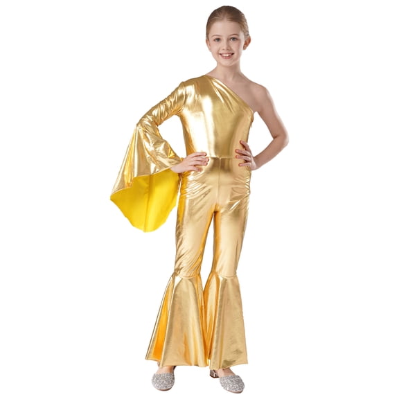 iiniim Kids Girls Disco Costume One Shoulder Bell-bottom Party Jumpsuit Romper Jazz Hip Hop Dance Leotard Gold 8