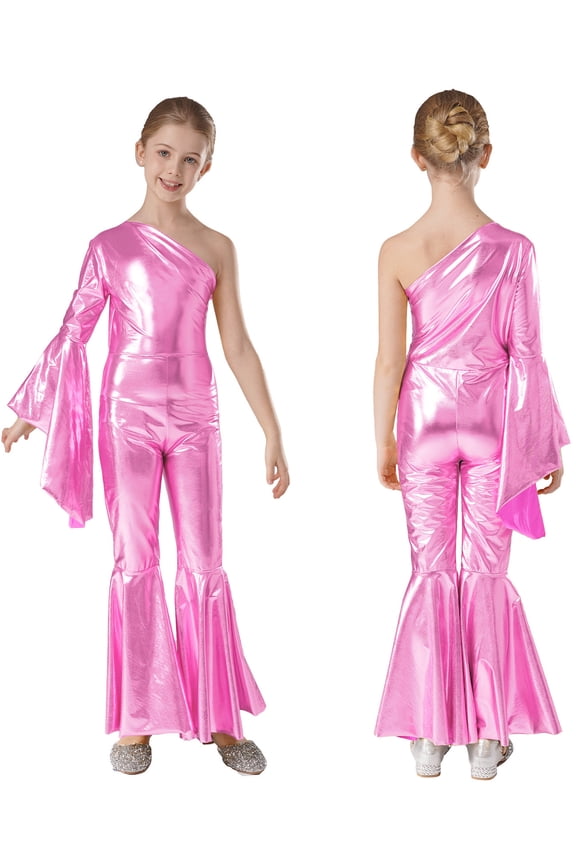 Kids Girls Disco Costume One Shoulder Bell-bottom Party Jumpsuit Romper Jazz Hip Hop Dance Leotard Pink 8