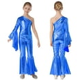 thumbnail image 1 of iiniim Kids Girls Disco Costume One Shoulder Bell-bottom Party Jumpsuit Romper Jazz Hip Hop Dance Leotard Royal Blue 12, 1 of 7