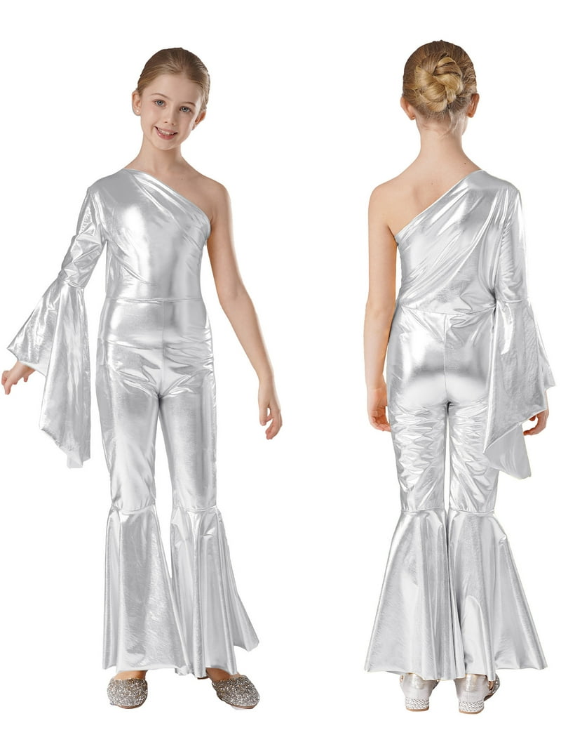 iiniim Kids Girls Disco Costume One Shoulder Bell-bottom