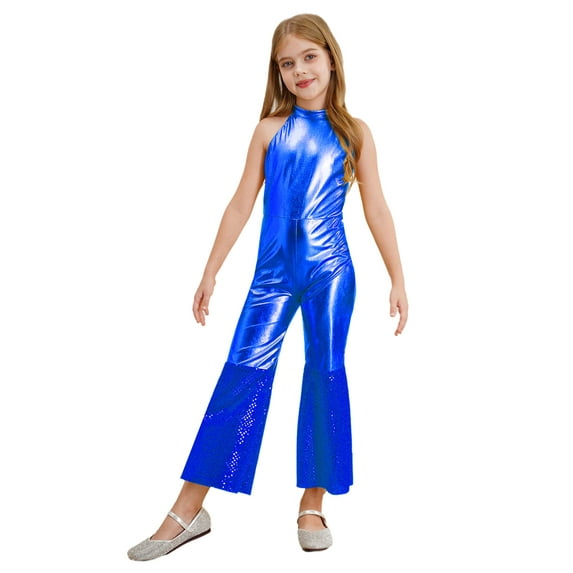 iiniim Kids Girls Disco Outfit 70s 80s Prom Sparkle Flare Jumpsuit Rave Party Full Bodysuit Royal Blue 14
