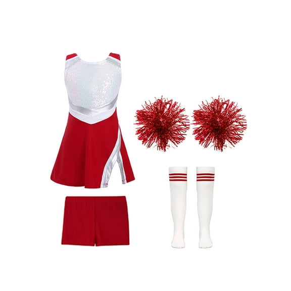 iiniim Kids Girls Festival Cheer leader Fancy Dress Sleeveless Patchwork Dress with Shorts Dance Outfit Size 4-14 B Red 4