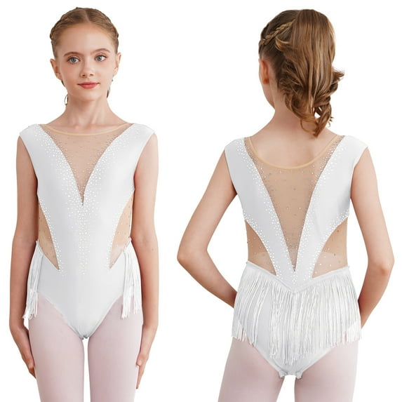 iiniim Kids Girls Figure Ice Skating Dress Tassel Skirted Leotard Rhythmic Gymnastics Competition Costume Dancewear White 12