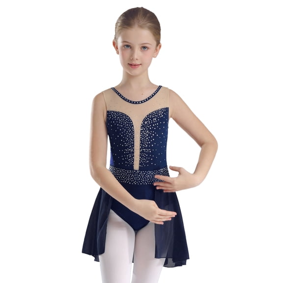 iiniim Kids Girls Figure Ice Skating Leotard Dress Sleeveless Gymnastics Ballroom Dancewear Navy Blue 10