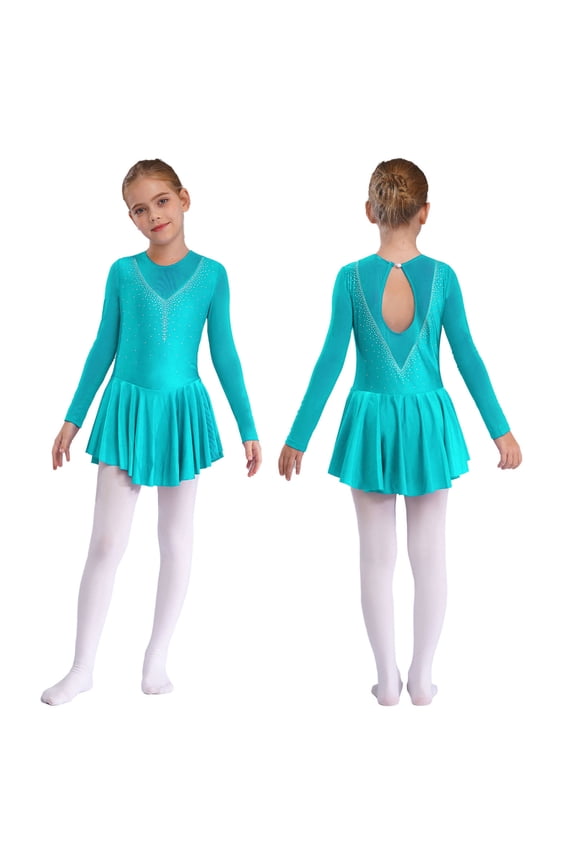 Kids Girls Figure Ice Skating Roller Skater Dress Ballet Dance Leotard Silver Glitters Long Sleeve Tutu Skirt Dancewear