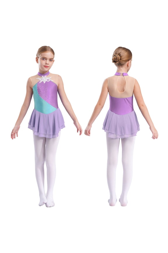 Kids Girls Figure Ice Skating Sequin Dance Dress Sleeveless Mesh Tutu Dress Lavender 8