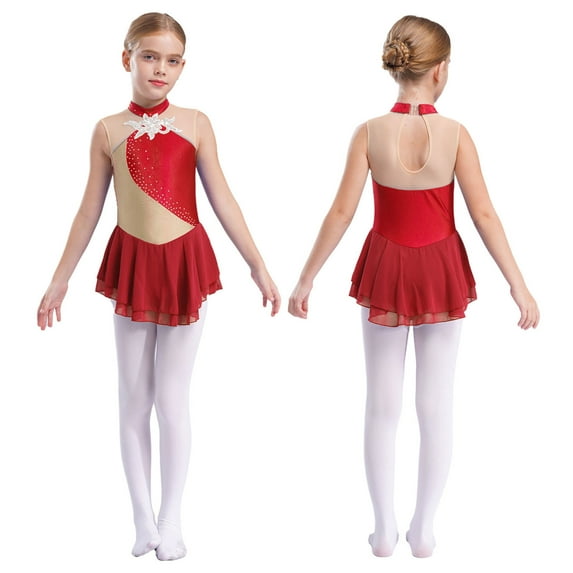 iiniim Kids Girls Figure Ice Skating Sequin Dance Dress Sleeveless Mesh Tutu Dress Red 8