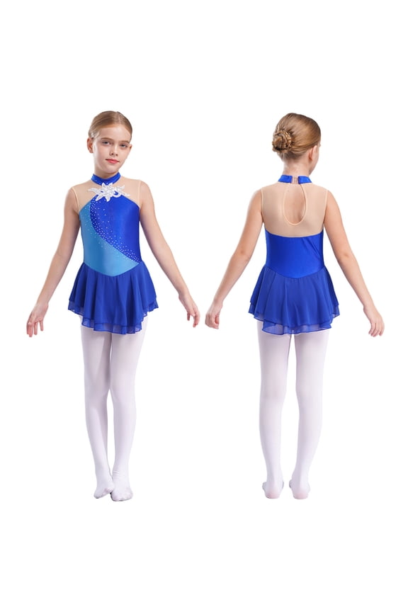Kids Girls Figure Ice Skating Sequin Dance Dress Sleeveless Mesh Tutu Dress