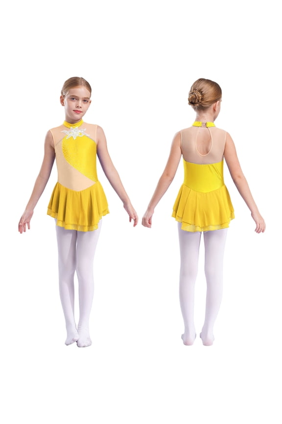Kids Girls Figure Ice Skating Sequin Dance Dress Sleeveless Mesh Tutu Dress Yellow 6