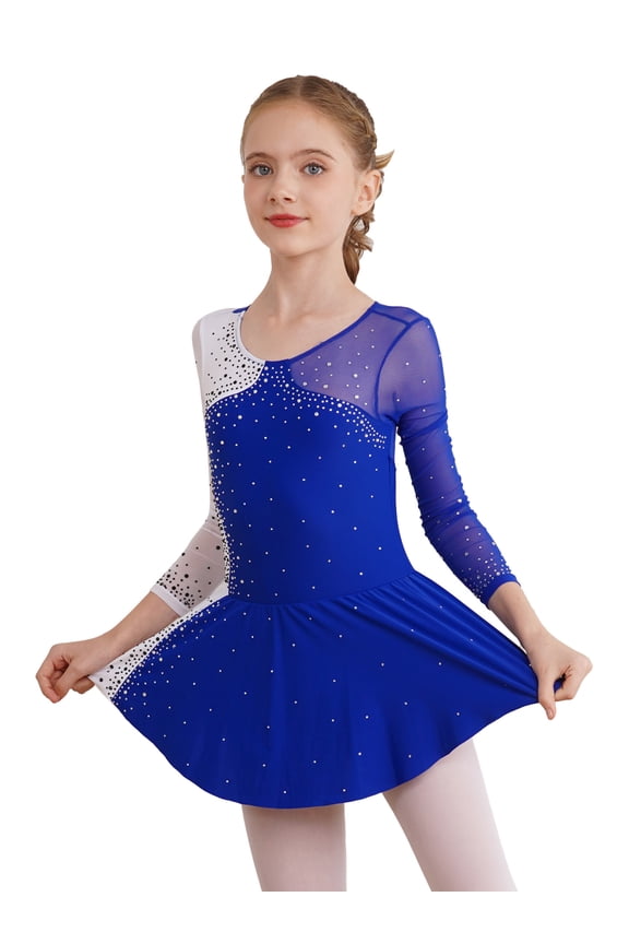 Kids Girls Figure Skating Dress Long Sleeves Ballet Dance Skirted Leotards Gymnastics Size 6-16 Royal Blue 8