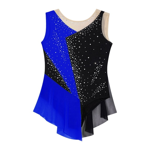 iiniim Kids Girls Figure Skating Dress Rhythmic Gymnastics Leotard Sleeveless Color Block Competition Costume Royal Blue 8