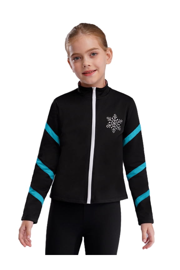 Kids Girls Figure Skating Jacket Sport Long Sleeves Training Coat Zip-Up Sweatshirt Outwear Blue Green 6