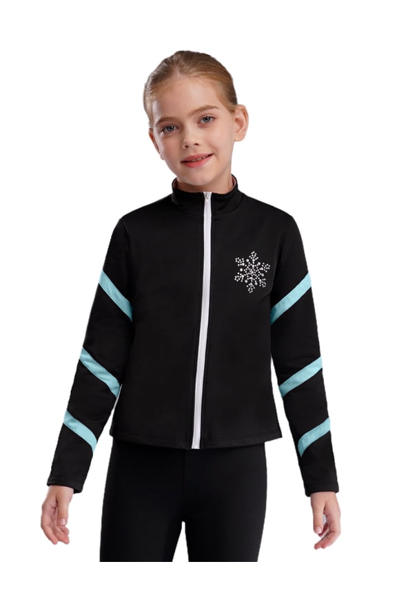 Kids Girls Figure Skating Jacket Sport Long Sleeves Training Coat Zip-Up Sweatshirt Outwear Light Blue 12