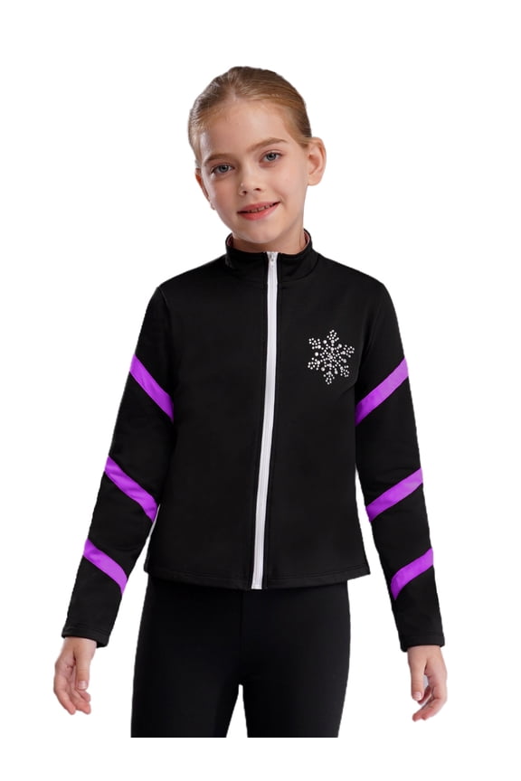 Kids Girls Figure Skating Jacket Sport Long Sleeves Training Coat Zip-Up Sweatshirt Outwear Light Purple 6