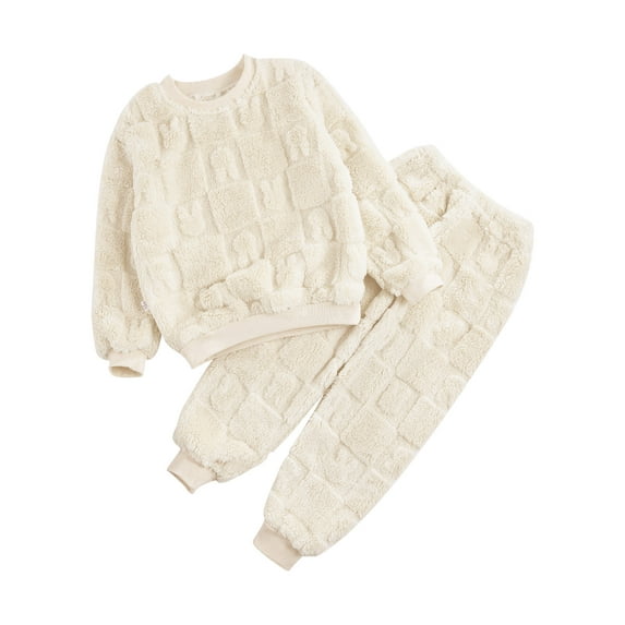 iiniim Kids Girls Fleece Winter Warm Sleepwear Set Pullover Tops And Pants for Toddler Flannel Loungewear Size 12M-14 Beige 12-18 Months