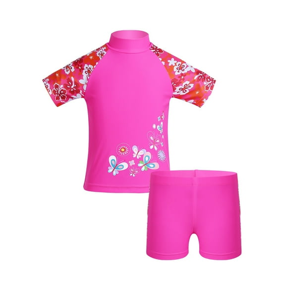 iiniim Kids Girls Floral 2 Pieces Athletic Swimsuit Short Sleeve Tank Top with Bottoms Sunsuit Swim Costume