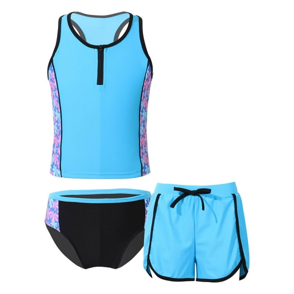 iiniim Kids Girls Floral Splice 3 Pcs Athletic Swimsuit Top+Brief+Bottoms Surfing Rash Guard Set 4-16 Blue Floral 16