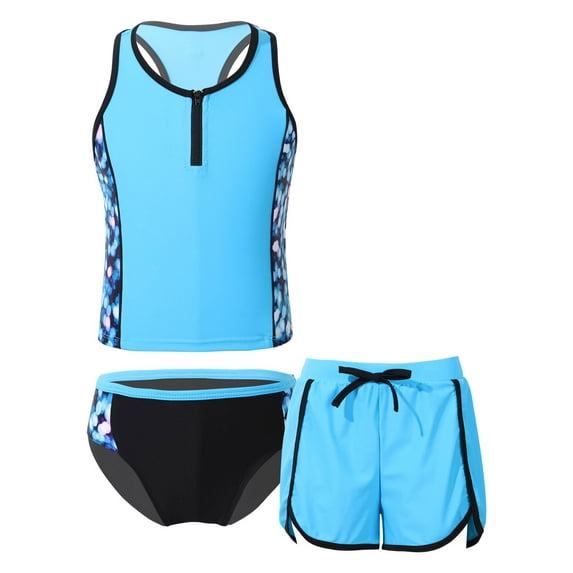 iiniim Kids Girls Floral Splice 3 Pcs Athletic Swimsuit Top+Brief+Bottoms Surfing Rash Guard Set 4-16 Blue Halo 12