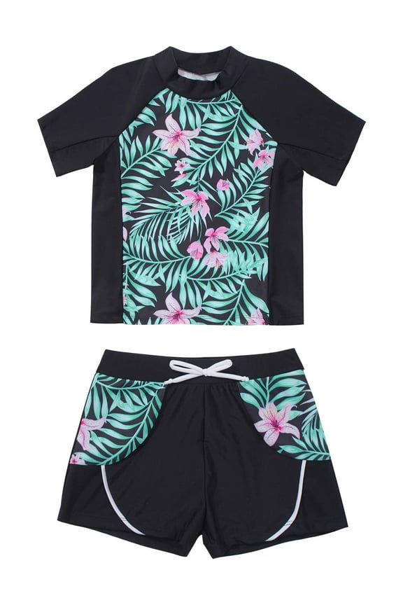 Kids Girls Flower Printed Tankini Set T-shirt with Swim Boyshort Rash Guard Swimsuit Bathing Suit A Summer Lily Pink 10
