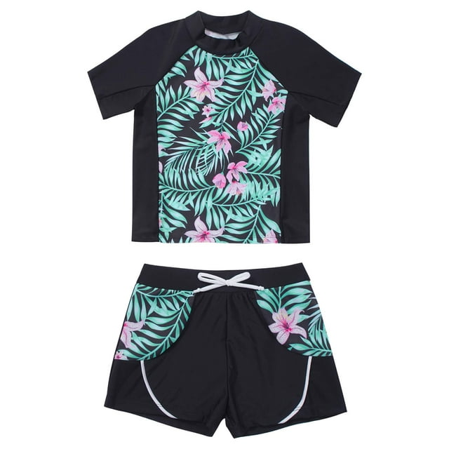 iiniim Kids Girls Flower Printed Tankini Set Tshirt with Swim Boyshort