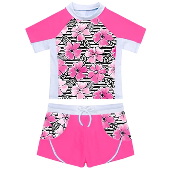 iiniim Kids Girls Flower Printed Tankini Set T-shirt with Swim Boyshort Rash Guard Swimsuit Bathing Suit Floral Pink 12