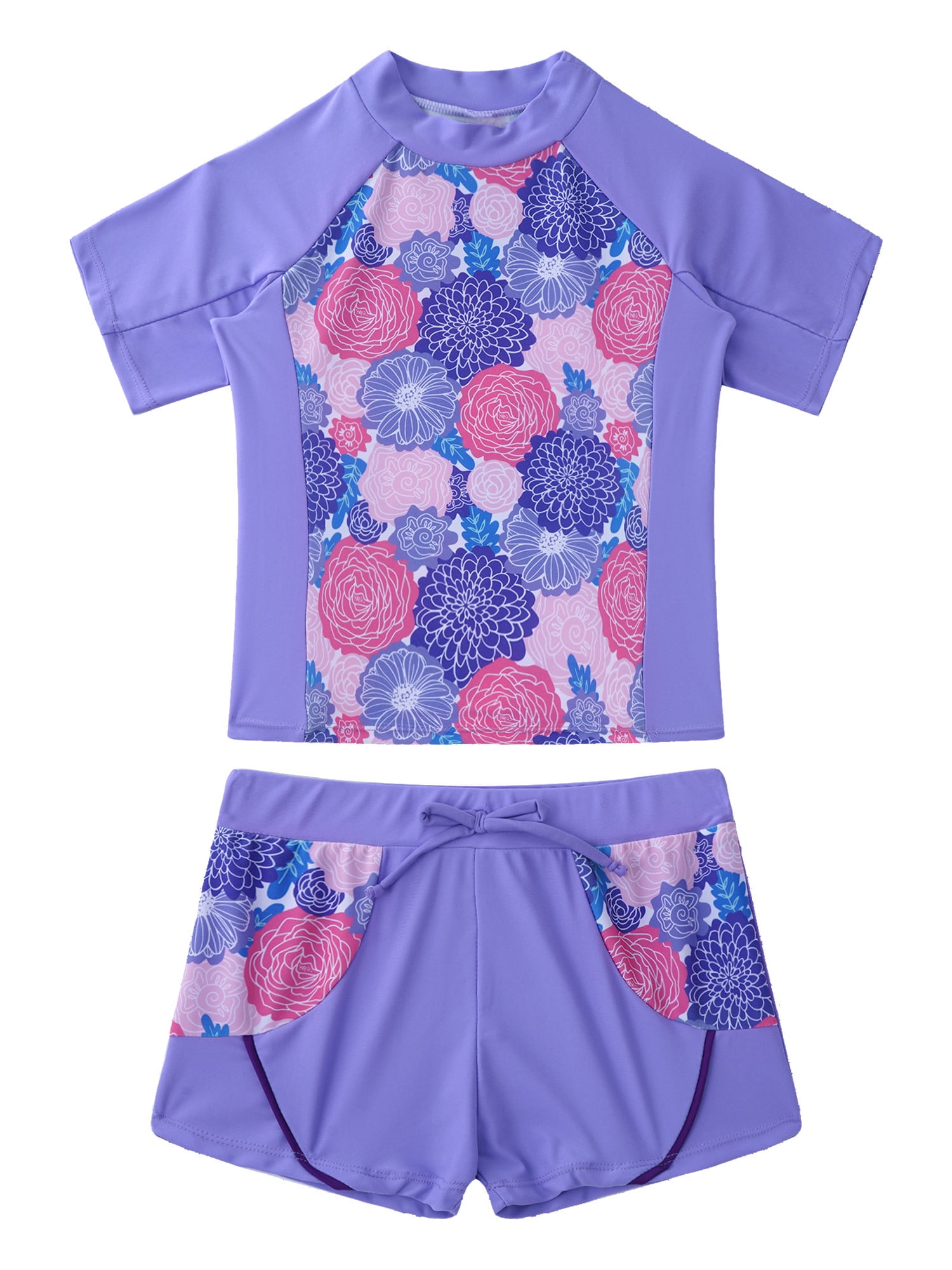 iiniim Kids Girls Flower Printed Tankini Set Tshirt with Swim Boyshort