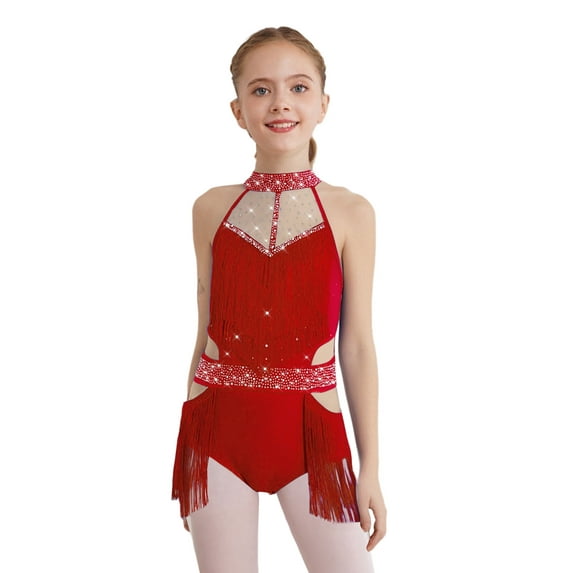 iiniim Kids Girls Fringe Rhinestones Latin Jazz Dance Leotard Dress Sparkly Performance Costume Red 16