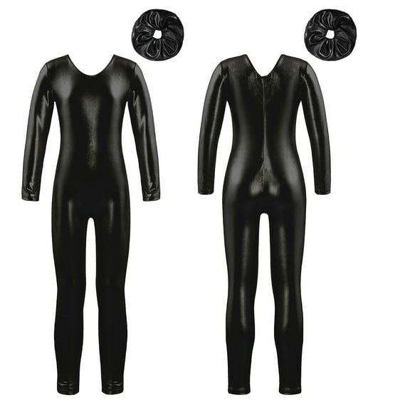 iiniim Kids Girls Full Body Ballet Dance Gymnastic Leotard Metallic Long Sleeve One Piece Unitard with Hair Scrunchie Black 10