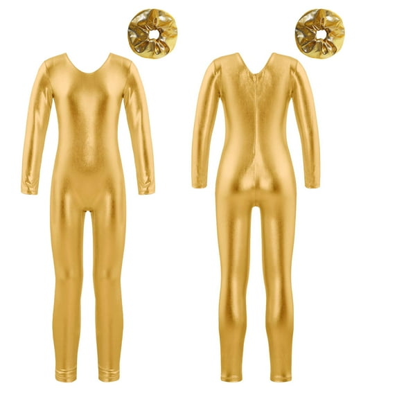iiniim Kids Girls Full Body Ballet Dance Gymnastic Leotard Metallic Long Sleeve One Piece Unitard with Hair Scrunchie Gold 4