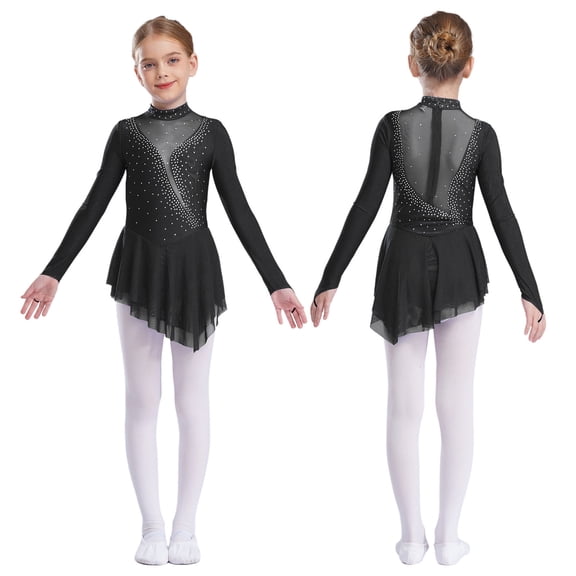 iiniim Kids Girls Glittery Rhinestones Mesh Splice Figure Ice Skating Gymnastics Leotard Dress Dancewear Black 10