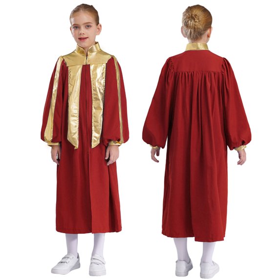 iiniim Kids Girls Graduation Gown Color Block Stand Collar Long Sleeve Zipper Robe Dress Burgundy 16